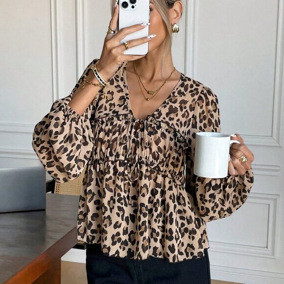 Multicolor Casual Women's Front Tie Long Sleeve Leopard Print Shirt - Picture 1 of 7